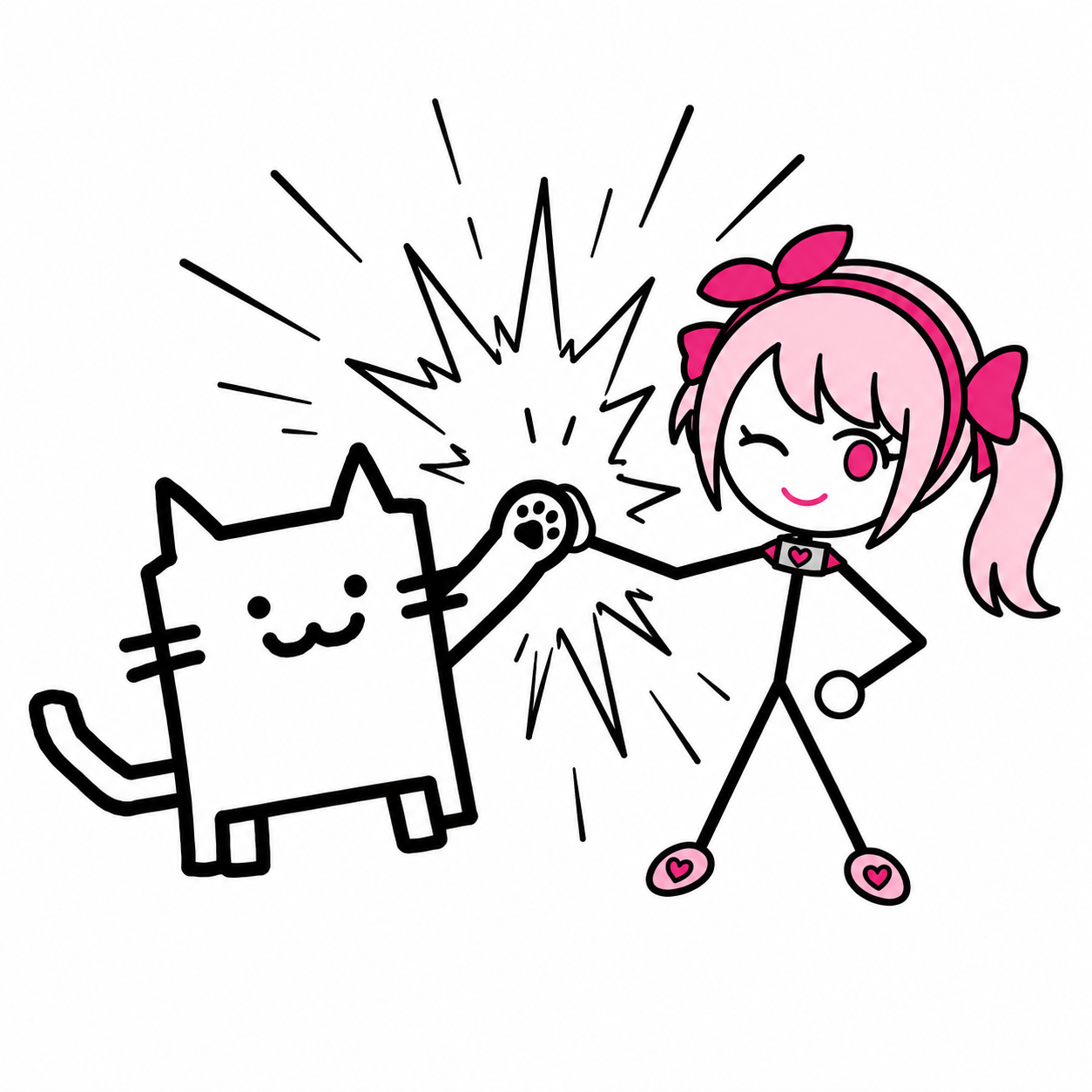 Stickcat high-fiving a pink-haired doodle character