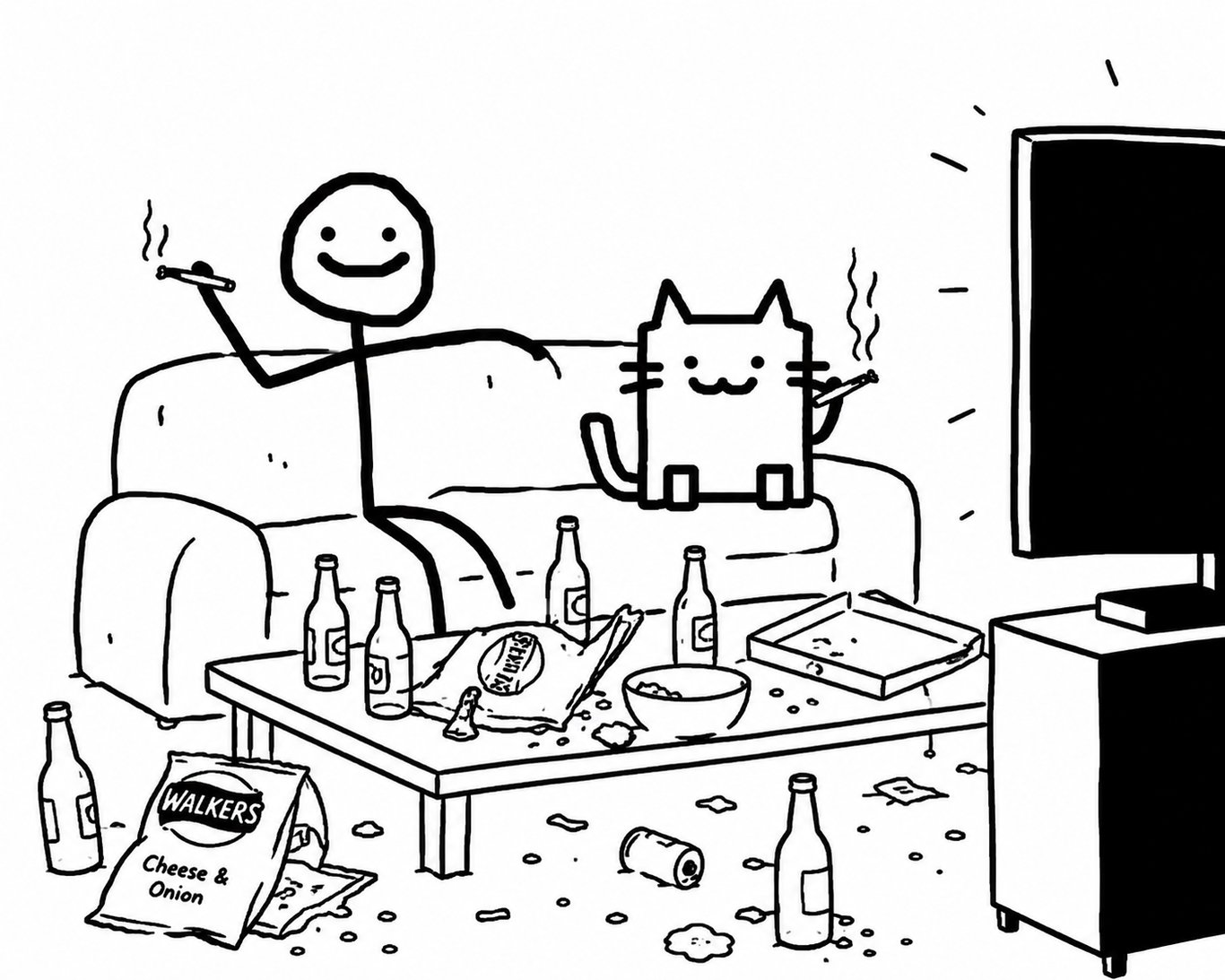 Stickman and stickcat chilling on a couch surrounded by snacks