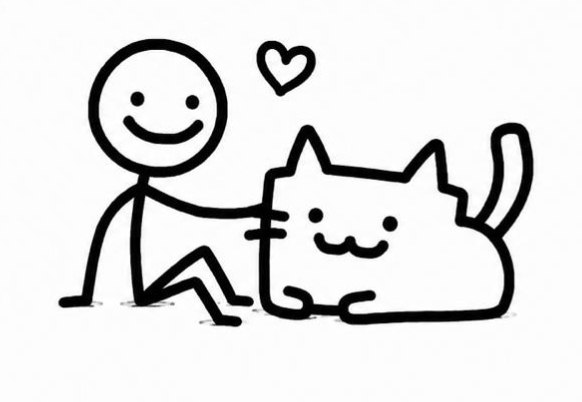 Doodle stickman petting the stickcat with a heart above them