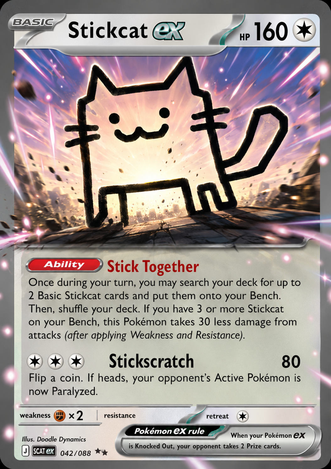 Stickcat ex trading card parody with the Stick Together ability
